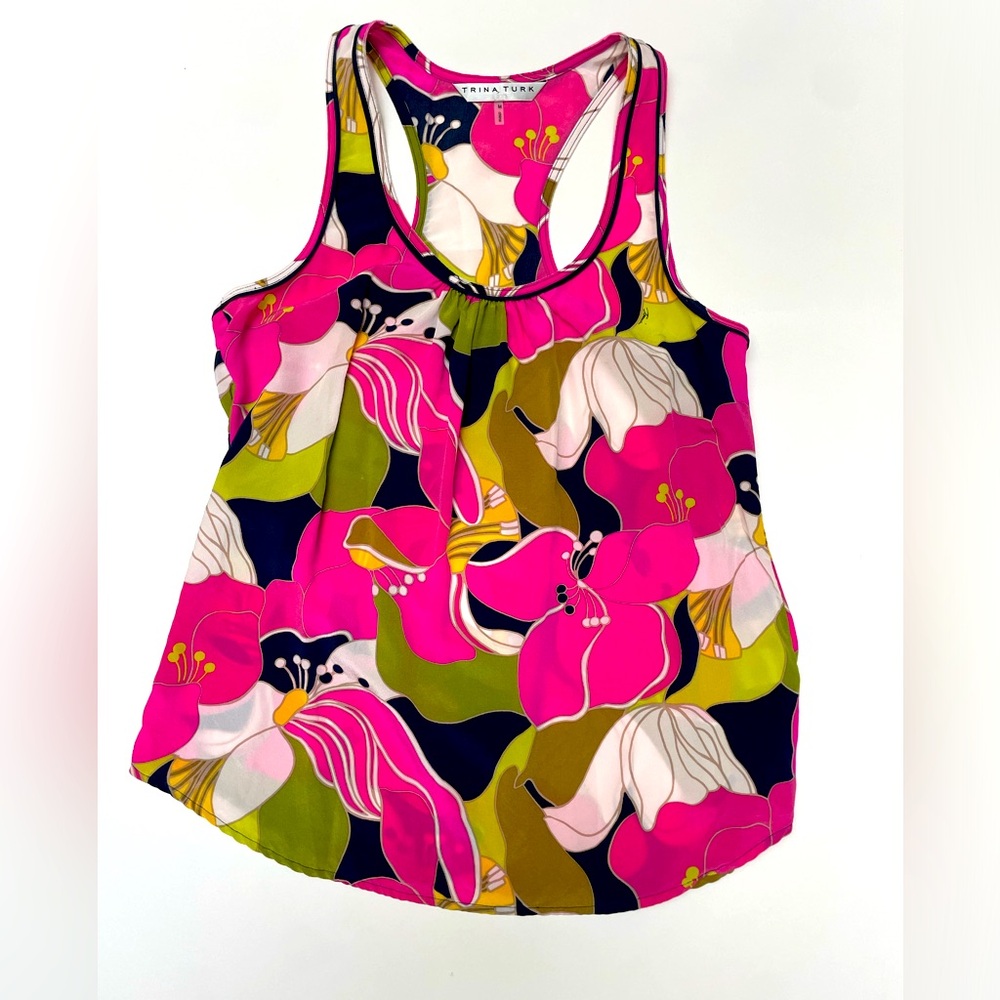 Trina Turk 100% Silk Racerback Tank pink abstract floral size M